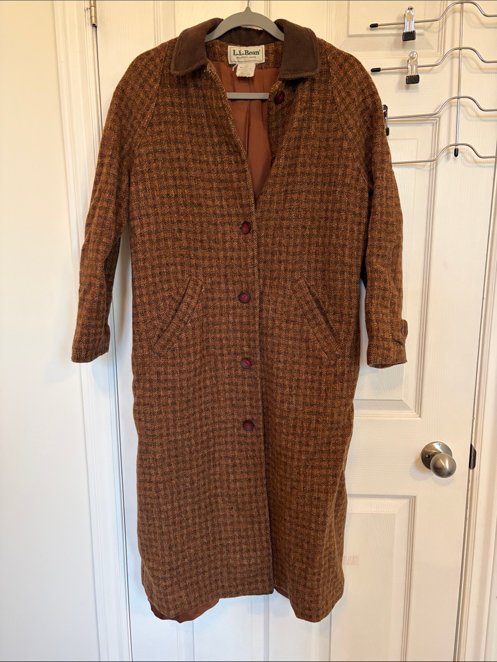 Vintage L.L. Bean Women's Rust Brown Houndstooth Wool Pea Coat